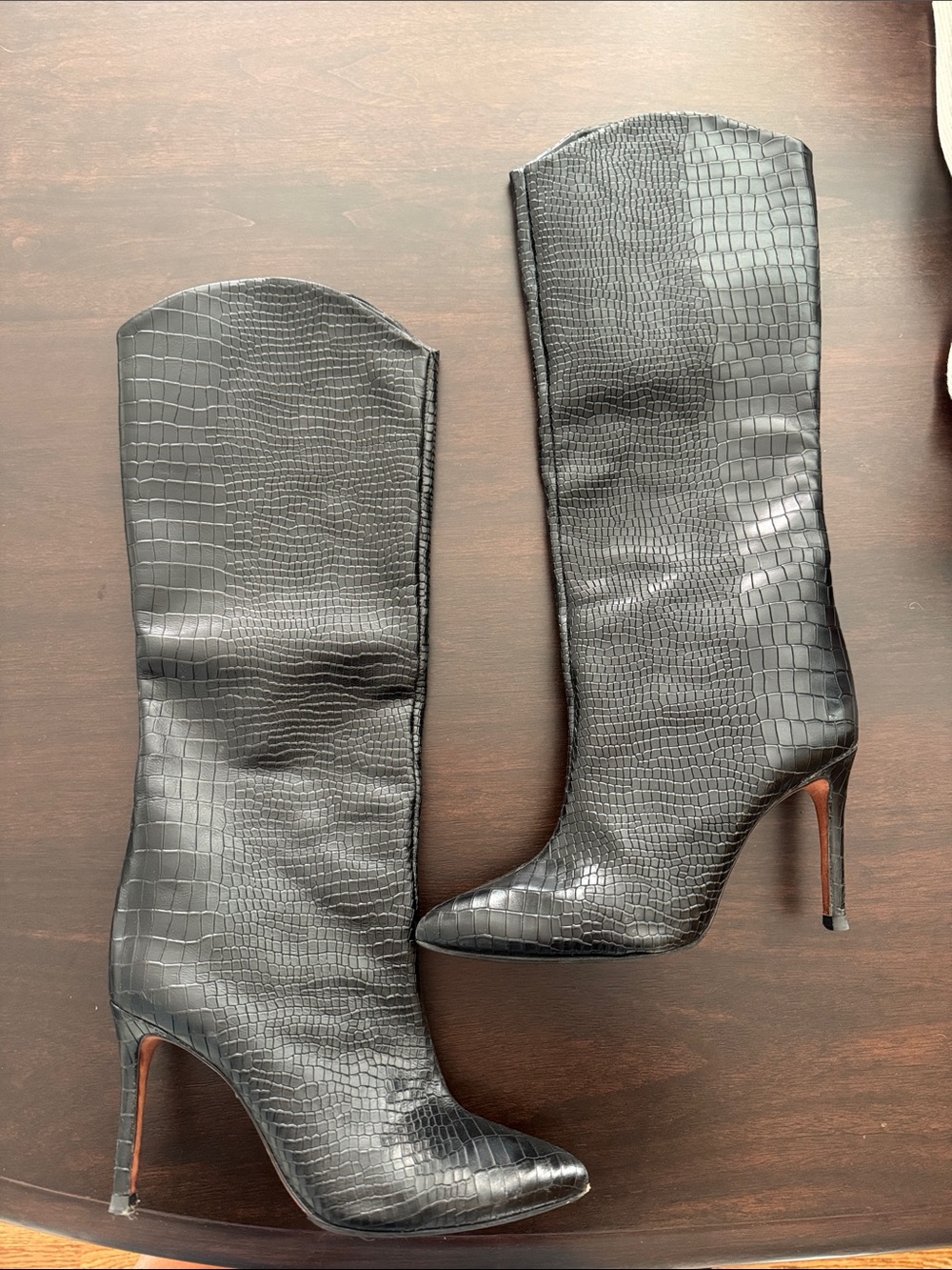 SCHUTZ Black Croc Embossed Mariana Knee High Heeled Boot 36.5